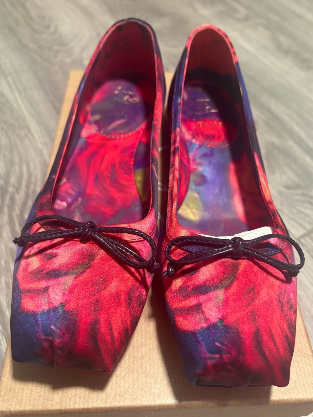 Red Floral Square-Toe Ballet Flats